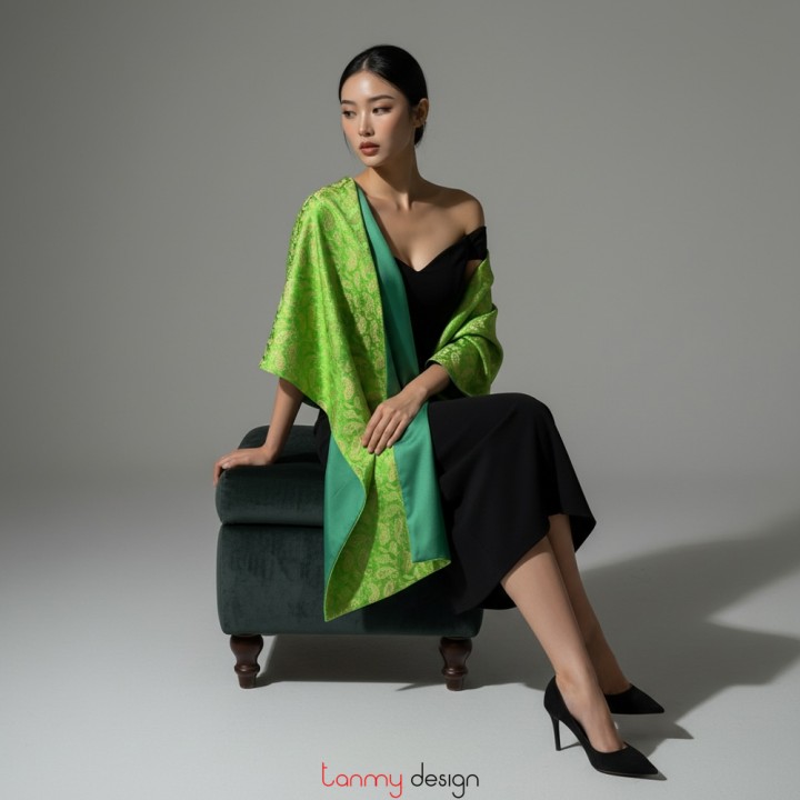 Long double-layer silk scarf in green peacock